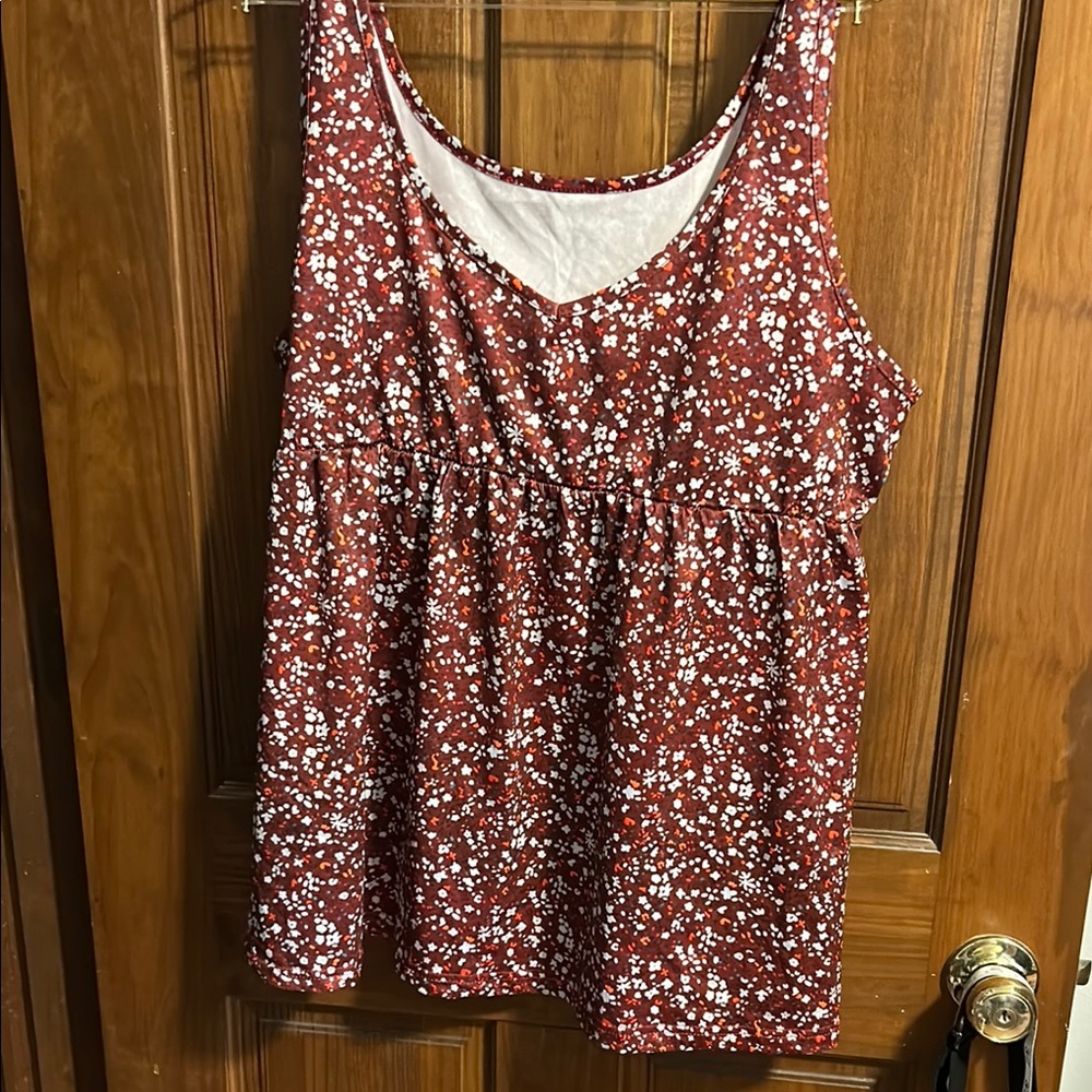 Red and White Ruched Tank Top with Floral Print